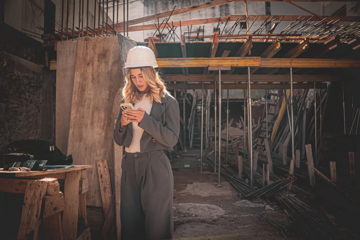 Ingeniera en una obra de construcción utilizando un smartphone para recoger datos de inspección, representando la fase de captura de datos de OUKI Claw.