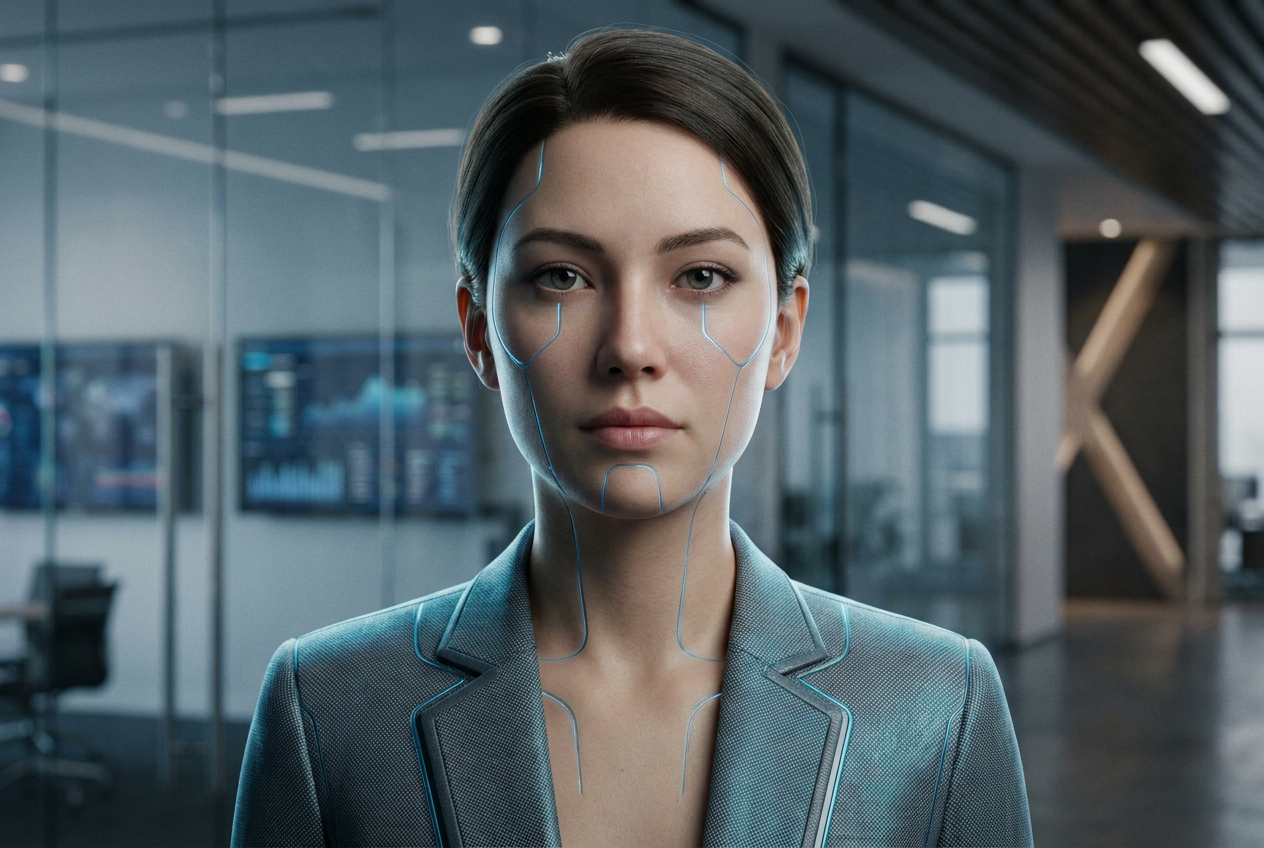 Avatar femenino hiperrealista de Gemini 3.8 Live con expresión neutra y vestimenta corporativa.